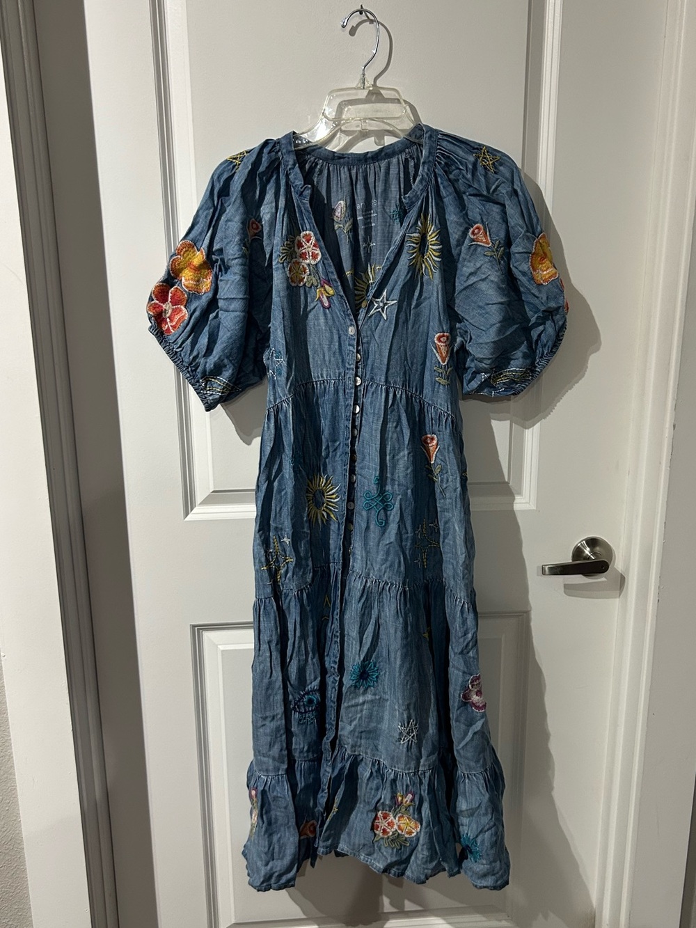 Embroidered denim Puff-Sleeve Midi Dress
